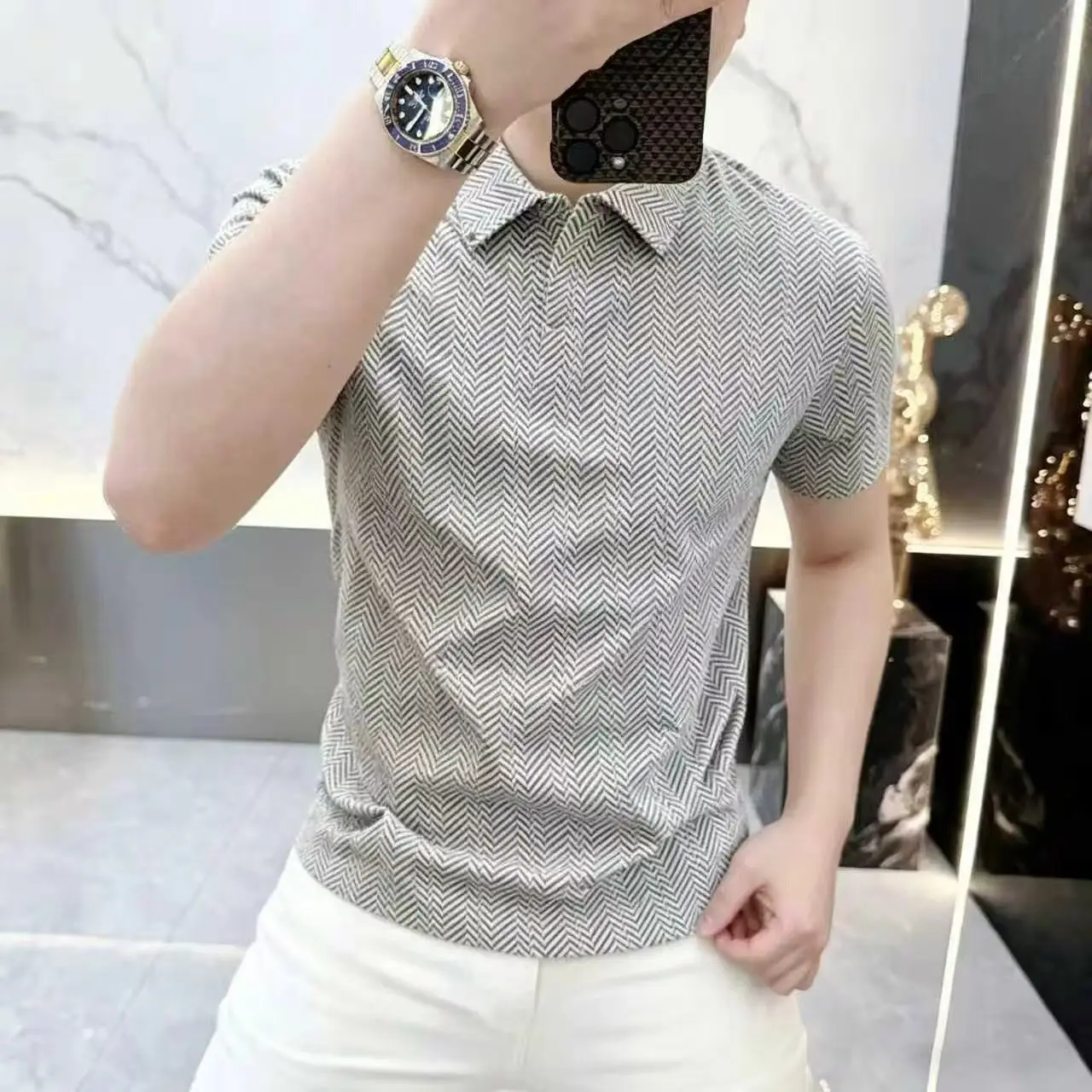 2026 Summer New Style Men's Luxury Fashion Casual Polo Shirt with Shoulder Sleeve, Printed Collar, Short Sleeve
