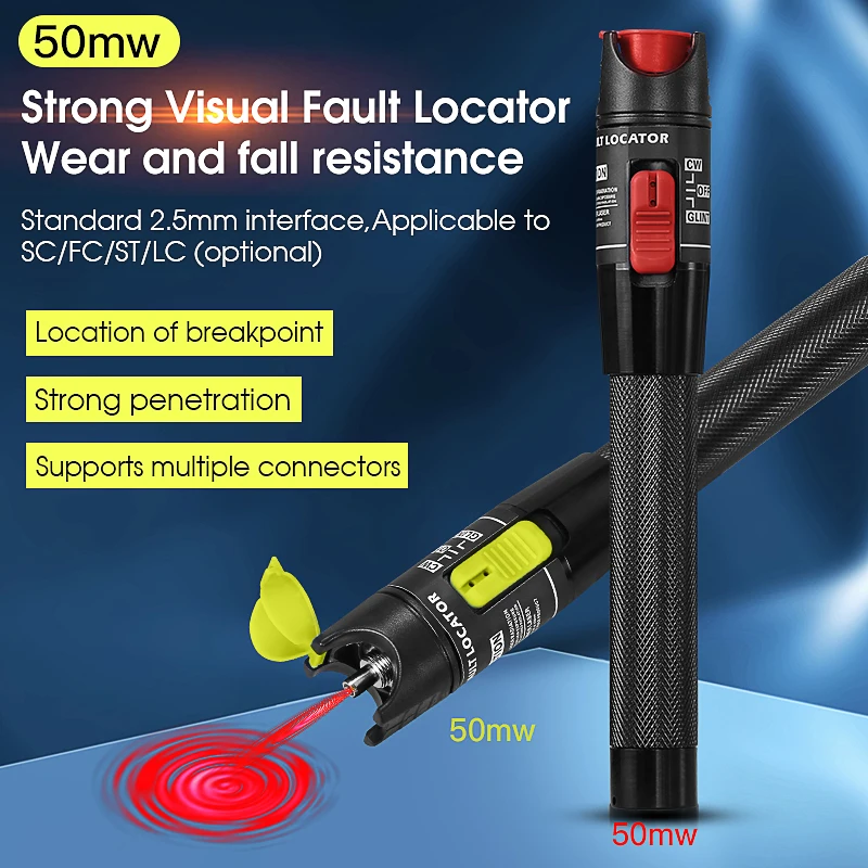 FTTH Fiber Optic Cable Tester Pen 50MW Visual Fault Locator SC/FC/ST 2.5mm Interface VFL 50KM Range