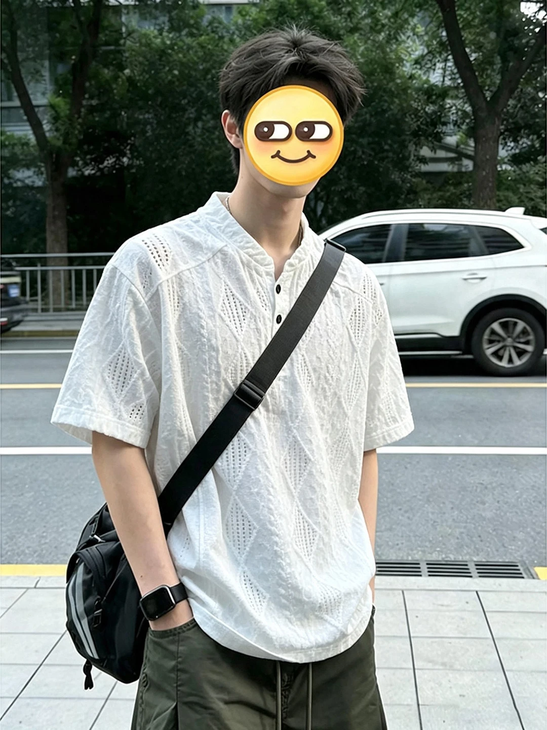 White Textured Ice Silk T-Shirt Men's Summer Deconstructed Henry Collar Short Sleeve Cool Quick Dry Breathable Casual Top