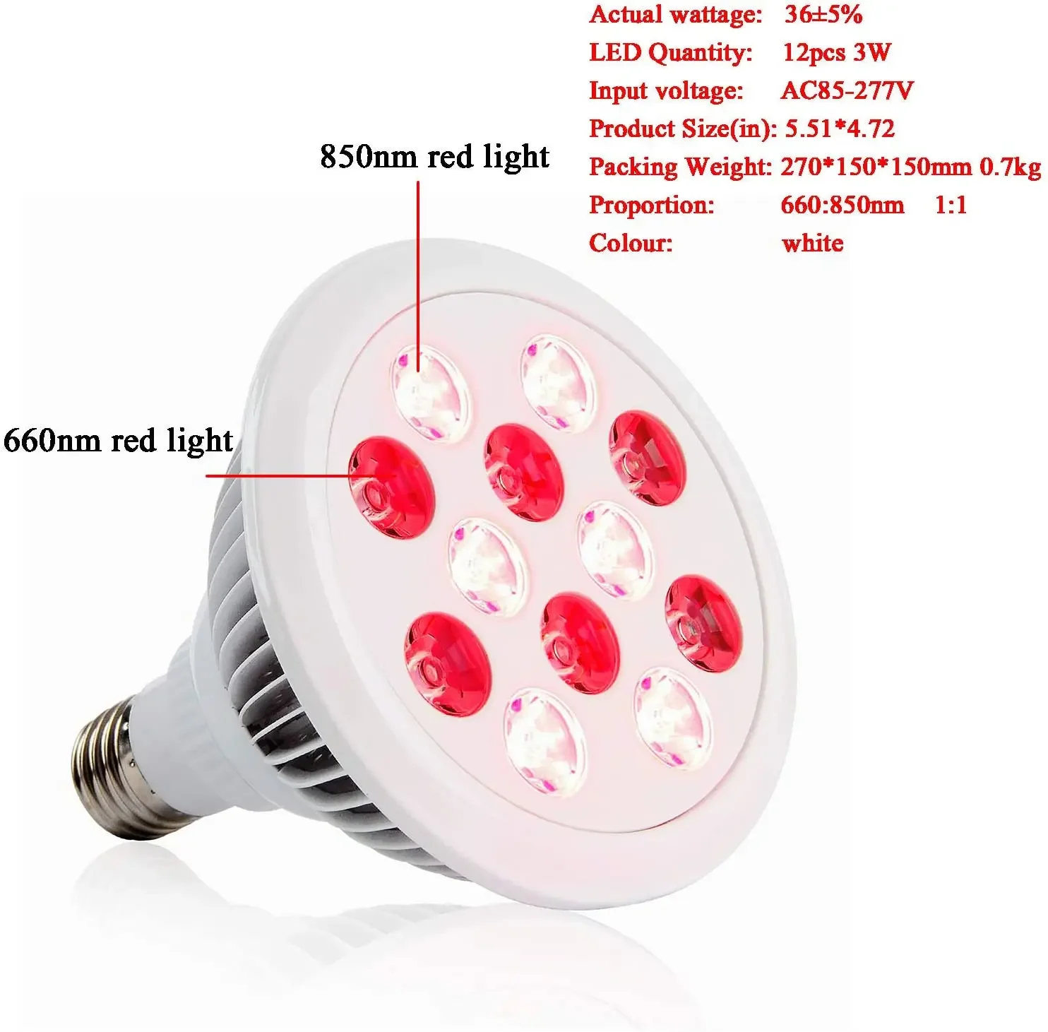 Terapia de luz vermelha para corpo, rosto, lâmpada infravermelha próxima, 660nm 850nm para aliviar a dor nas articulações dos músculos e da pele, 12-36W E27