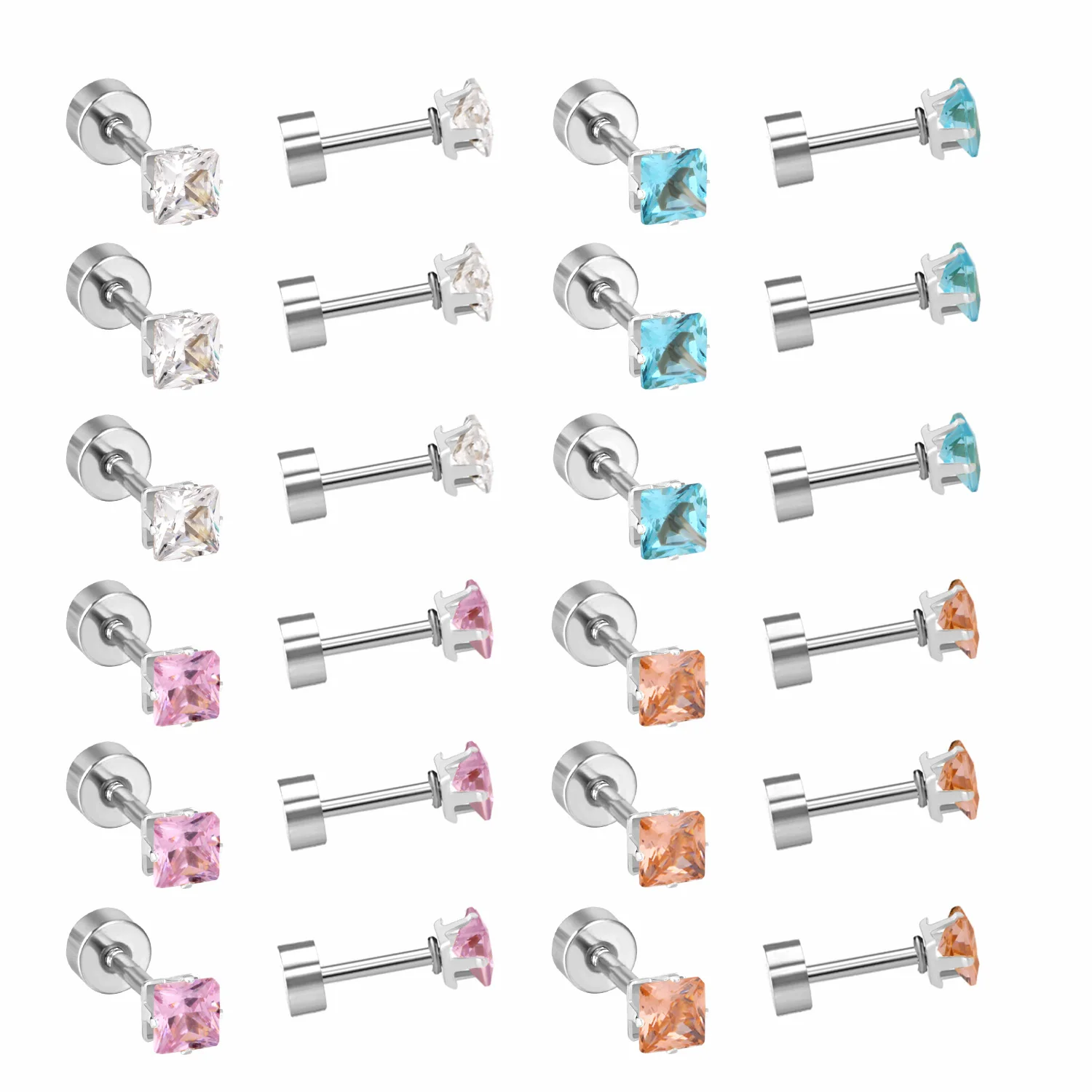 12 Pairs Wholesale Stainless Steel Square CZ Stud Earrings Screw Back Multi-color Ear Piercing Jewelry Bulk Set