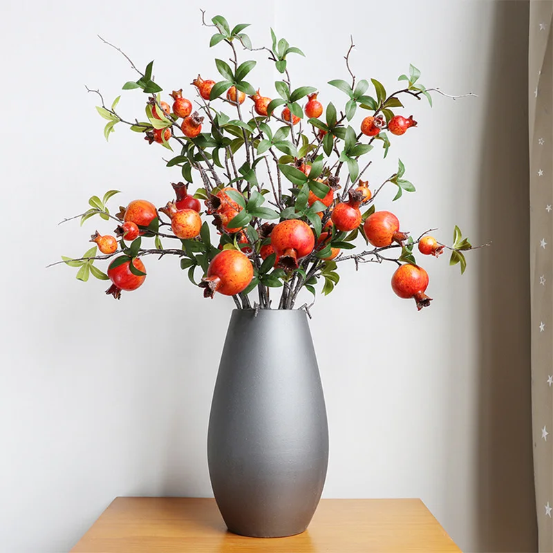 Artificial Flower Pomegranate Branch For Home Decor Ornament Fake Plants With Leaves Red Berry Simulation Fruit Autumn Decor