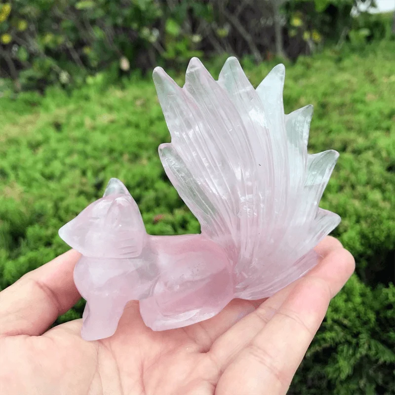 Natural Rose Quartz Fox Carving Animal Landscaping, Nine-Tailed Fox, Healing Fengshui, Christmas Home Decoration Gift, 1Pc