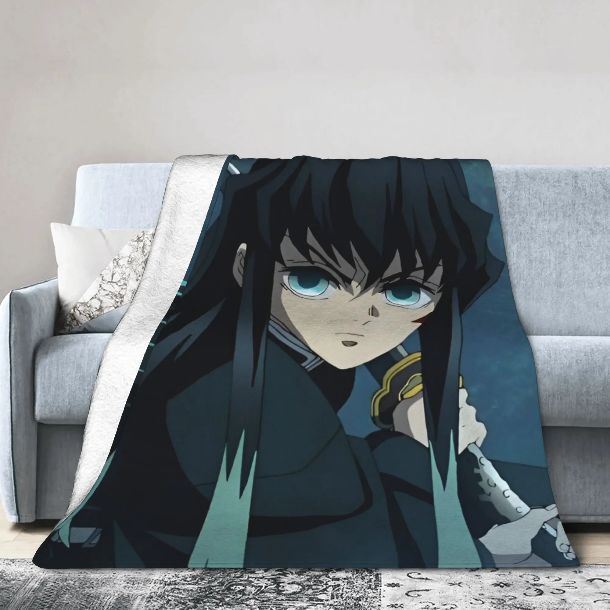 Mist Hashira Muichiro Tokito Fleece Throw Blankets Anime Blanket for Bed Outdoor Super Soft Bed Rug,