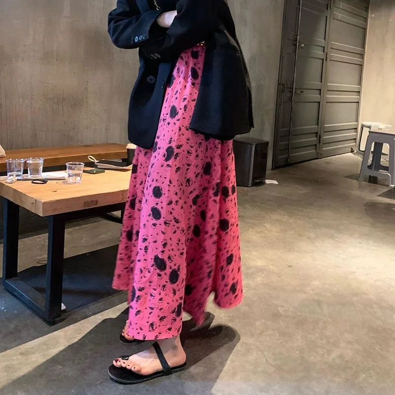Summer Ladies New Pink Printing Elastic Waist Mid-Length AWord Skirt