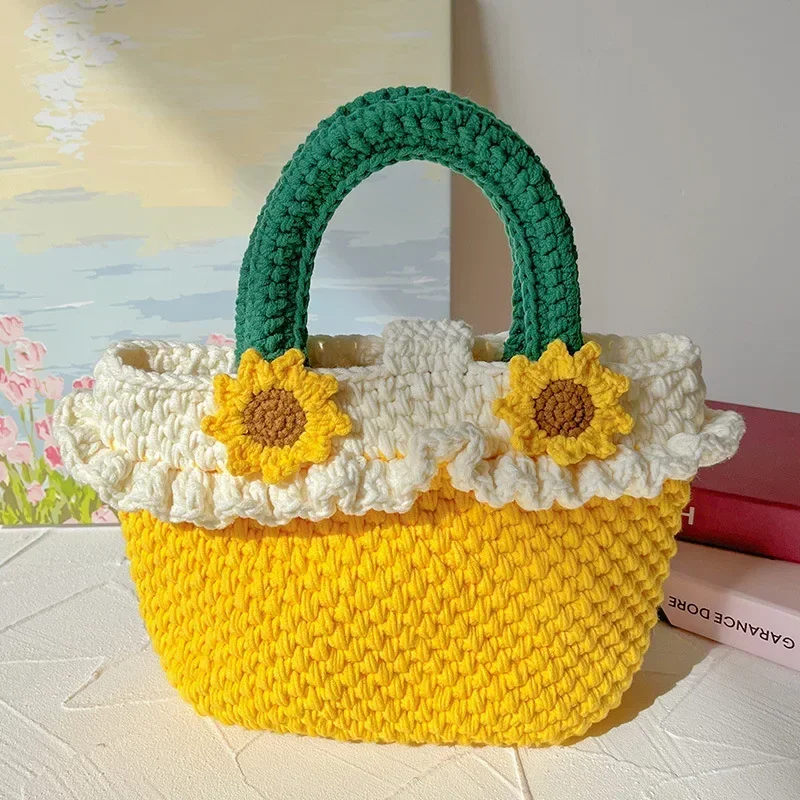 Hand Woven Sunflower Tote Handbag DIY Wool Woven Retro Lady Crochet Bag