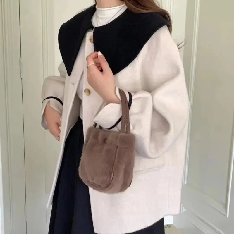 

Fashionable women's designer fur bag lamb wool mini cream phone bag plush bag one shoulder diagonal cross coin purse