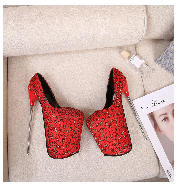 

European And American Pole Dance Shoes Striptease Sexy Show Sandals 22cm Lace Green Metal Stilettos Large Size Women's Shoes New