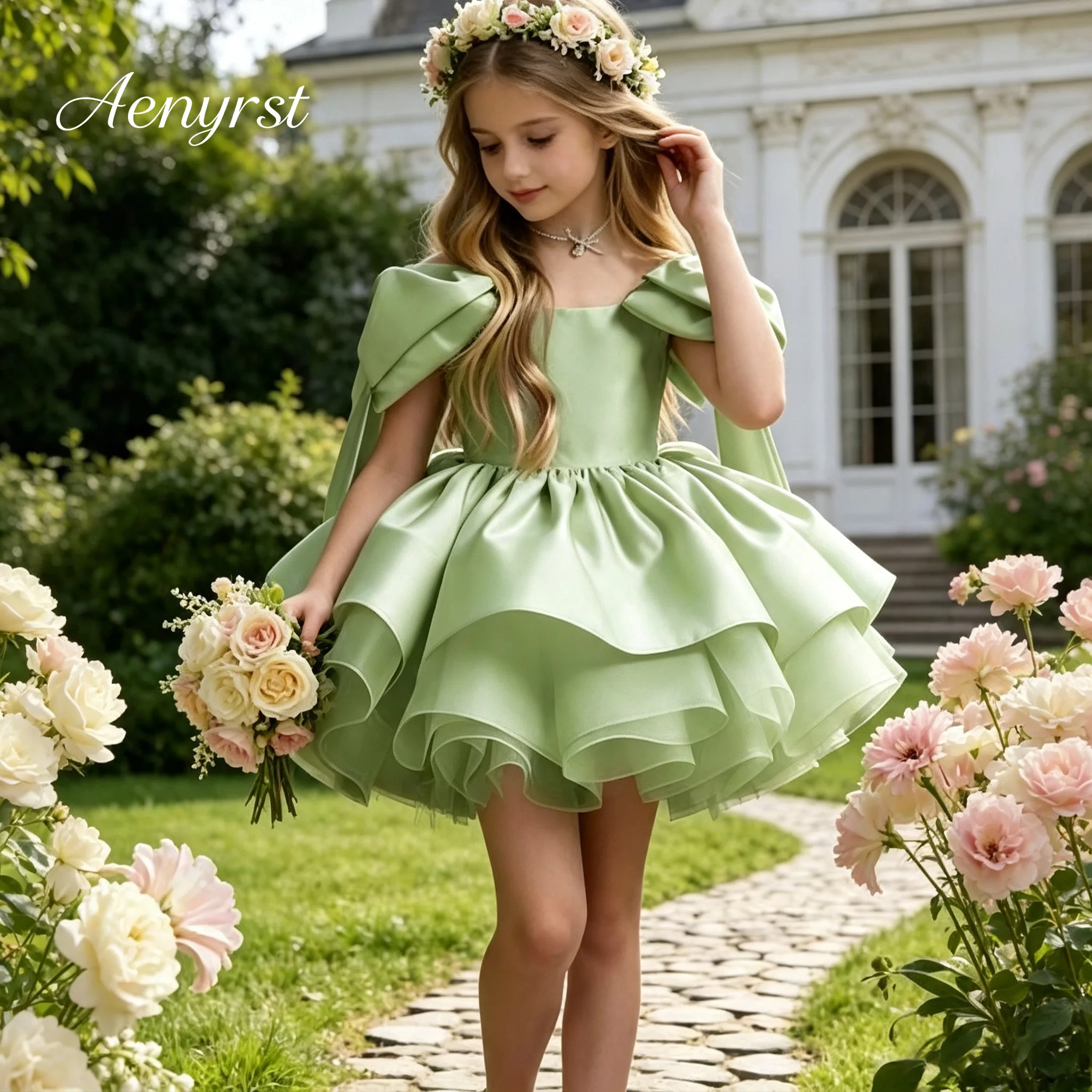 light-green-satin-flower-girl-gown-square-neck-cape-sleeves-tiered-mini-puffy-skirt-kids-wedding-party-birthday-princess-dress