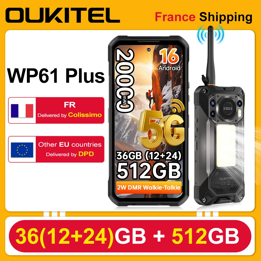 Téléphone robuste Oukitel WP61 Plus 5G avec fonction talkie-walkie, Android 16, 36 Go (12+24) de RAM + 512 Go de ROM, batterie de 20000 mAh, écran 6,78'', appareil photo 108 MP