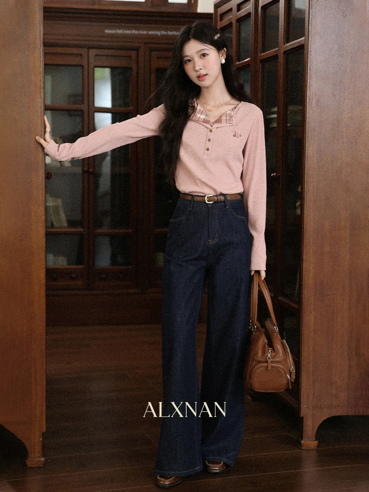 Pink Long Sleeve T-Shirt Women's Unique Knitted Top Creative Design Casual Style Slim Fit Autumn Fashion Ladies' Tee