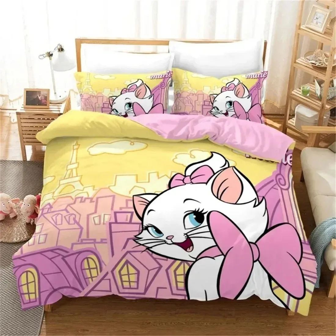 Disney Mary Cat Duvet Cover Pillowcase, Cute Home Room Bedroom Bedding Set Boy Girl Duvet Cover Pillowcase Gift Queen Double Bed