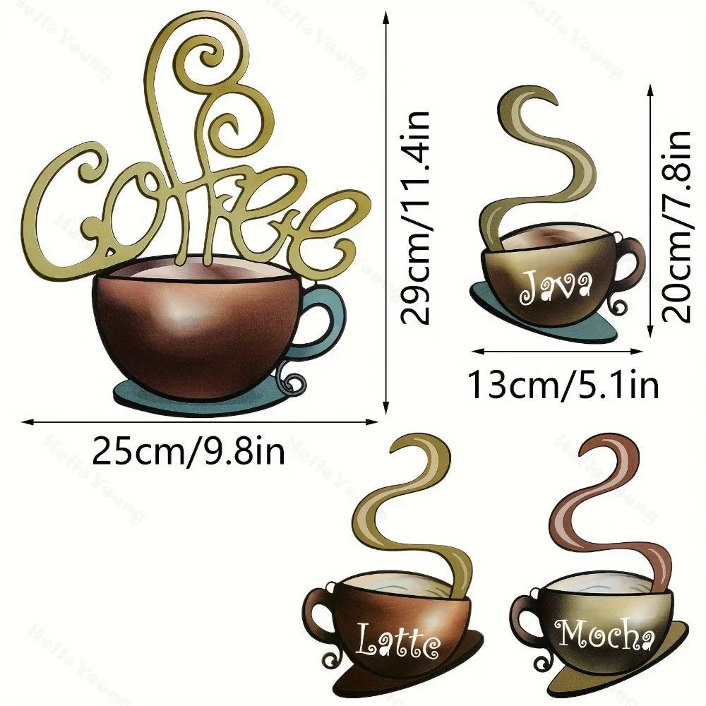 A Set of 4 Delightful Metal Coffee Mugs Wall Decor in Americana Style, with Reusable Self-Adhesive and Vintage Irregular Shape