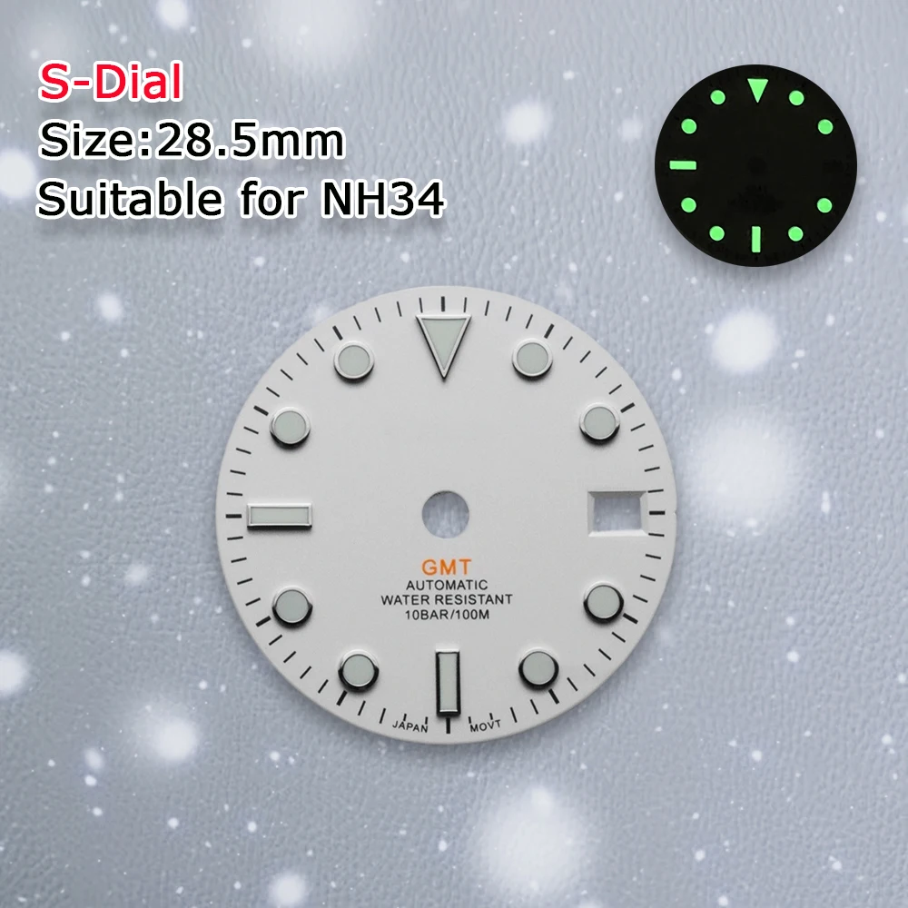 S โลโก้ Dial 28.5 มม.NH34 สีขาว GMT Matte Dial Fit NH34 การเคลื่อนไหวสีเขียวส่องสว่างนาฬิกาการปรับเปลี่ยนอุปกรณ์ซ่อมเครื่องมือ