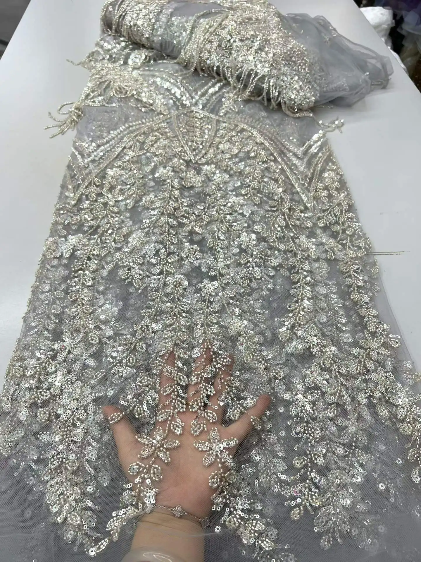 

France Hot Sale tassels lace Nigerian Tulle Lace Fabric With Beads Sequins High End for Bride Wedding Party