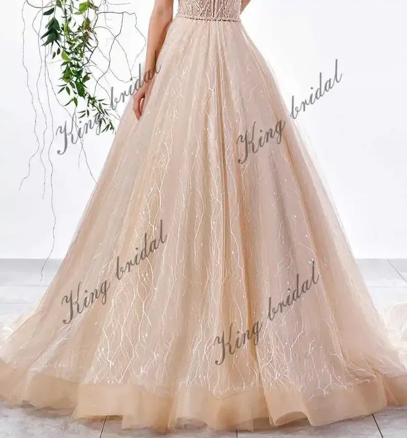 Gaun Pengantin Sederhana Gaun Pengantin Bordir Kristal Gaun Pengantin Model A-Line Berbahan Lace Tanpa Punggung Warna Nude Gaun Pengantin Custom