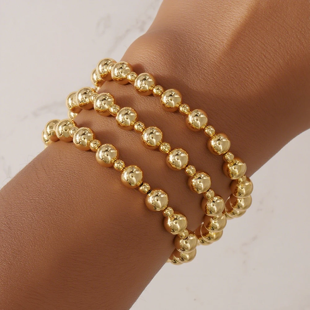

3 PCS Gold Plated Ball Bead Bracelet for Women Men Stainless Steel Elastic Stretch Stackable Fashion Jewelry Minimalist Gift