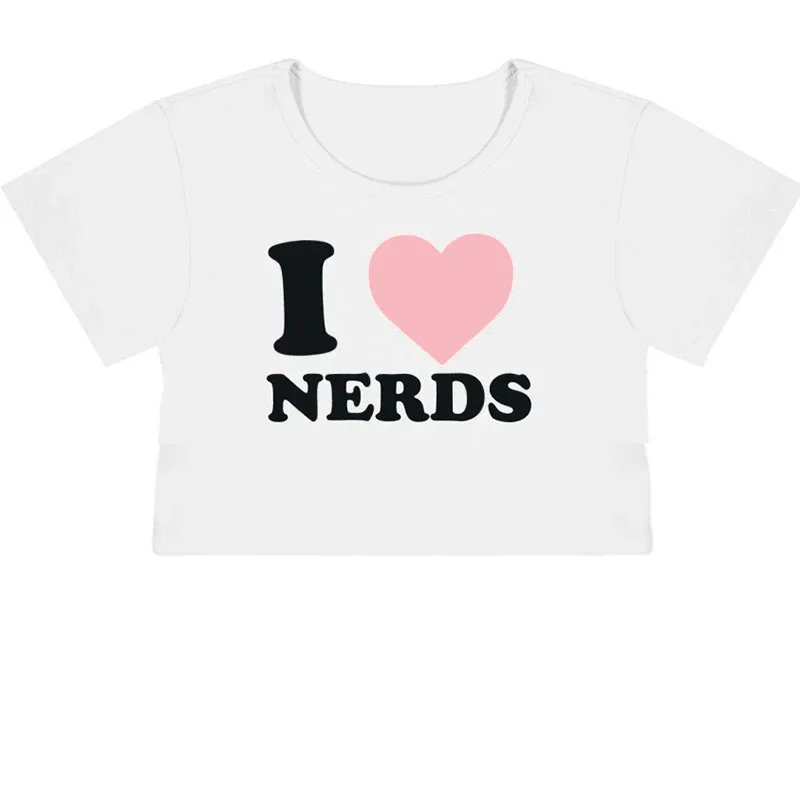I Love Nerd Text Print Crop Tops Sexy Aesthetics Gothic Short Sleeve Currents Retro Aesthetic Clearance Sales for Woman Clothing
