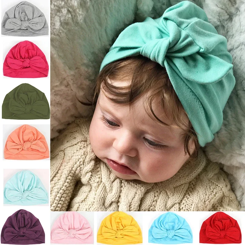 Baby Girl Hat Bunny Bow Cotton Newborn Bebes Knot Beanies Solid Color Infant Beanies Caps Girls Boys Warm Headband Headwear