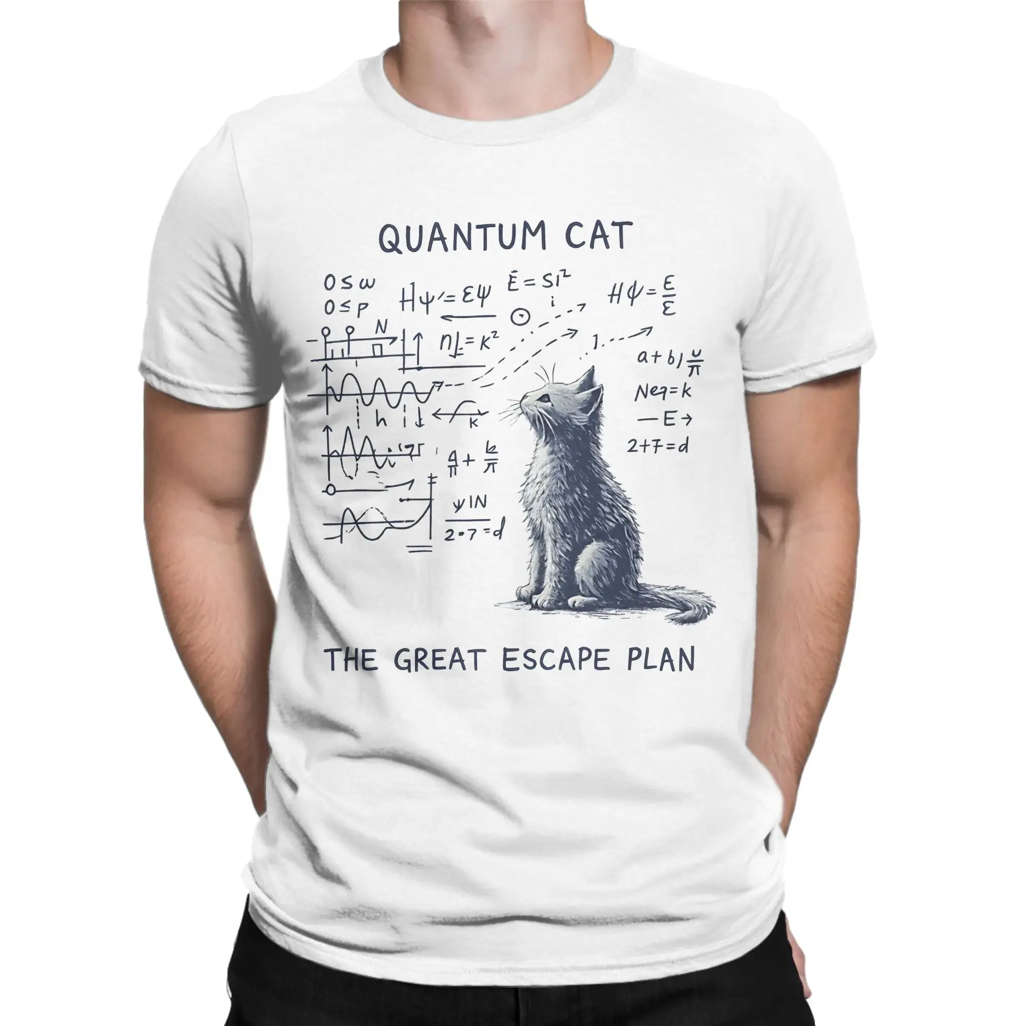 Funny Physics Cat Nerd Schrodinger Cat  Tshirts Men 100%Cotton Short Sleeve Quantum Mechanics Cat Crewneck Summer Tops