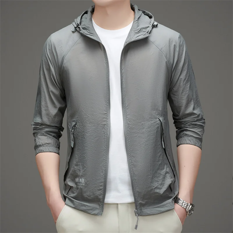 Ultra-Lightweight Men UV Protection Hooded Jacket Gray Caramel UPF 50+ Sun Defense & Breathable Coat Summer Essential Outerwear