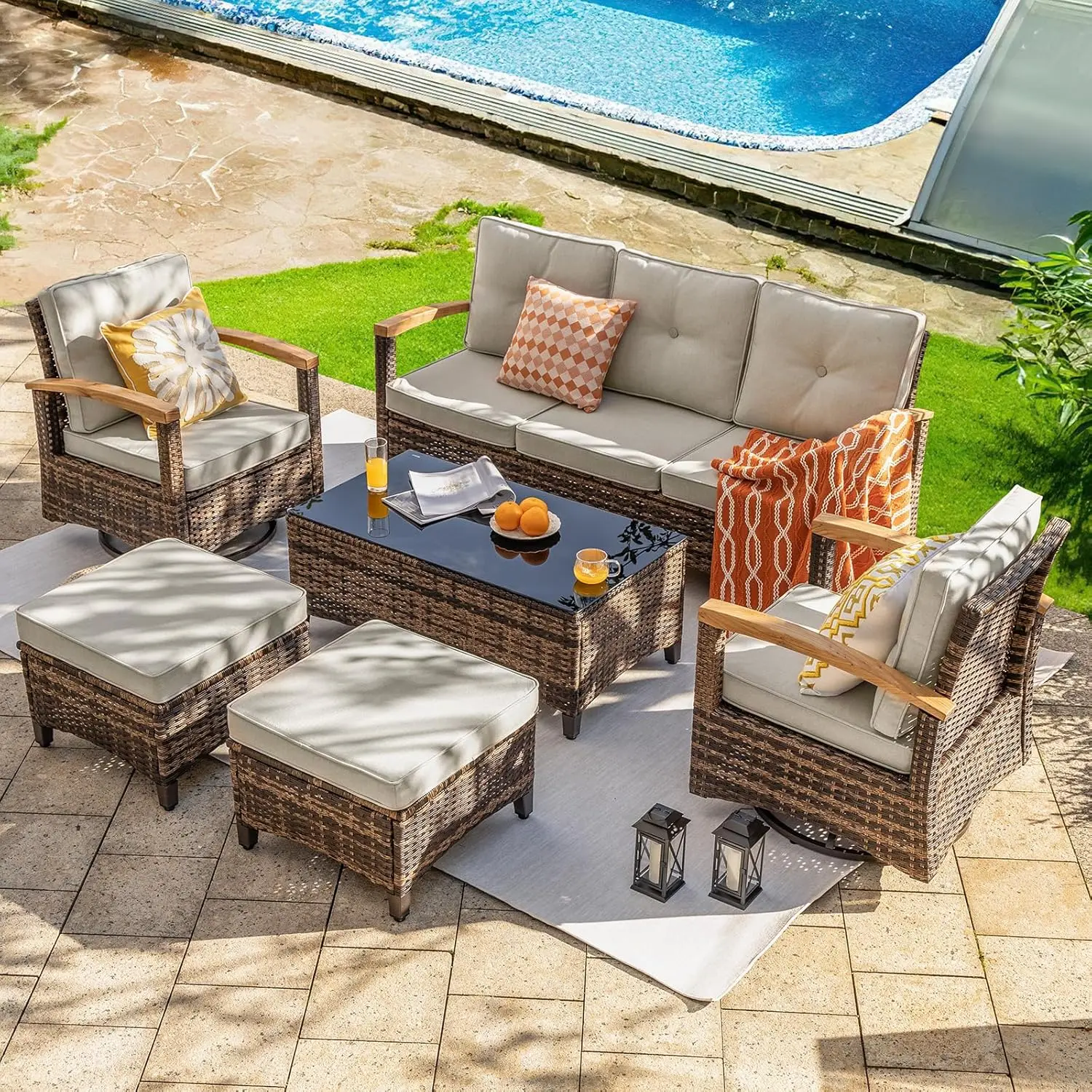 

6 Pieces Patio Furniture Sets,Outdoor Rattan Furniture Conversation Sets with 2 Wood Armrests Swivel Rocker Chairs, 2 Ottoman, 3