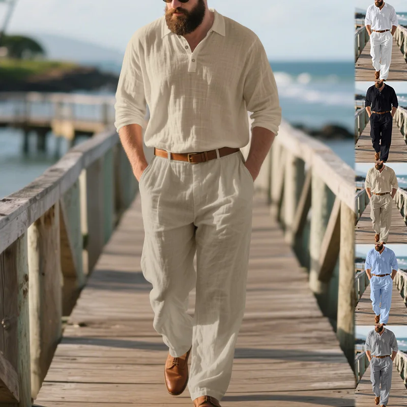 

Cross-border autumn men's linen suit loose Polo long-sleeved trousers casual suit