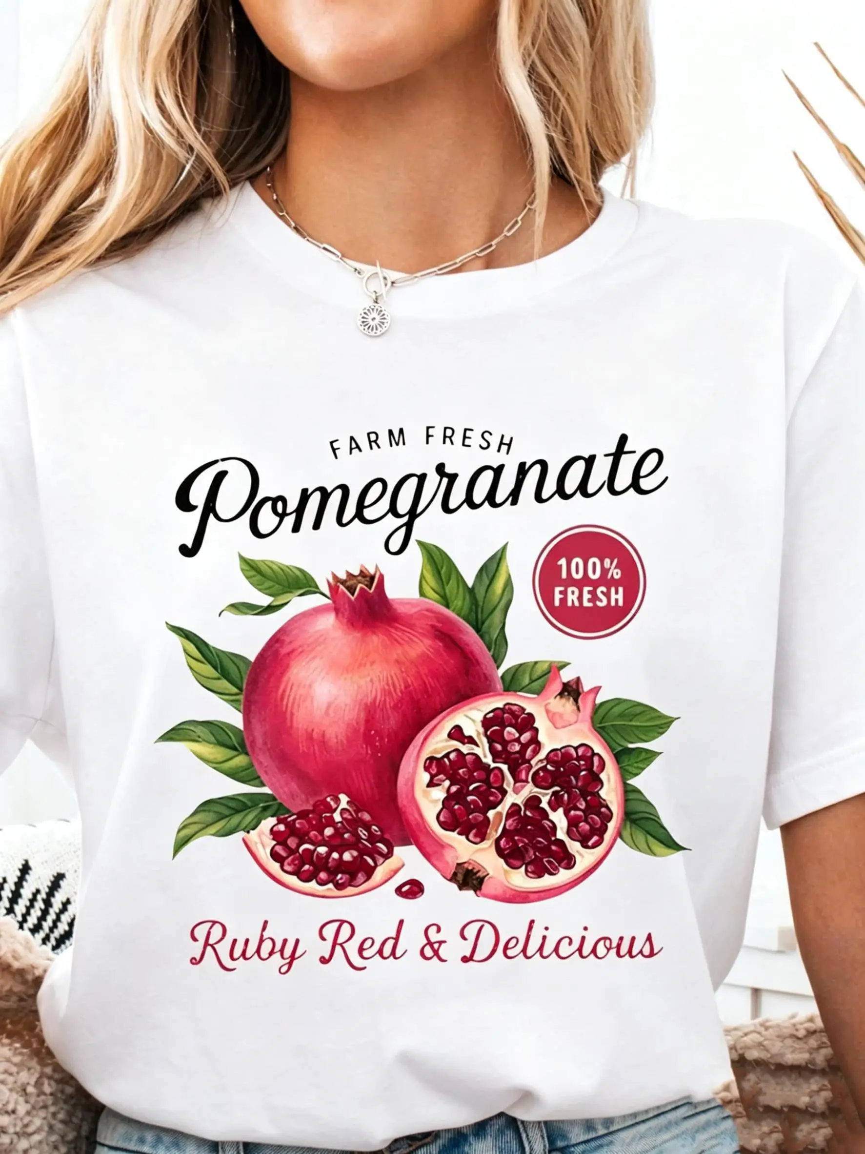 Farm Fresh Delicious Pomegranate Print Women T-Shirt Cotton Y2K T Shirts Sports Running Short Sleeve Loose Summer Streetwear