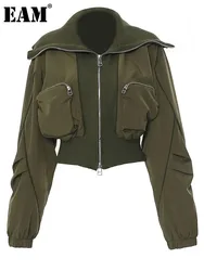 [EAM] Giacca casual con tasca grande verde militare vestibilità ampia Nuovo cappotto da donna a maniche lunghe con risvolto Moda marea Primavera Autunno 2024 7AB1819