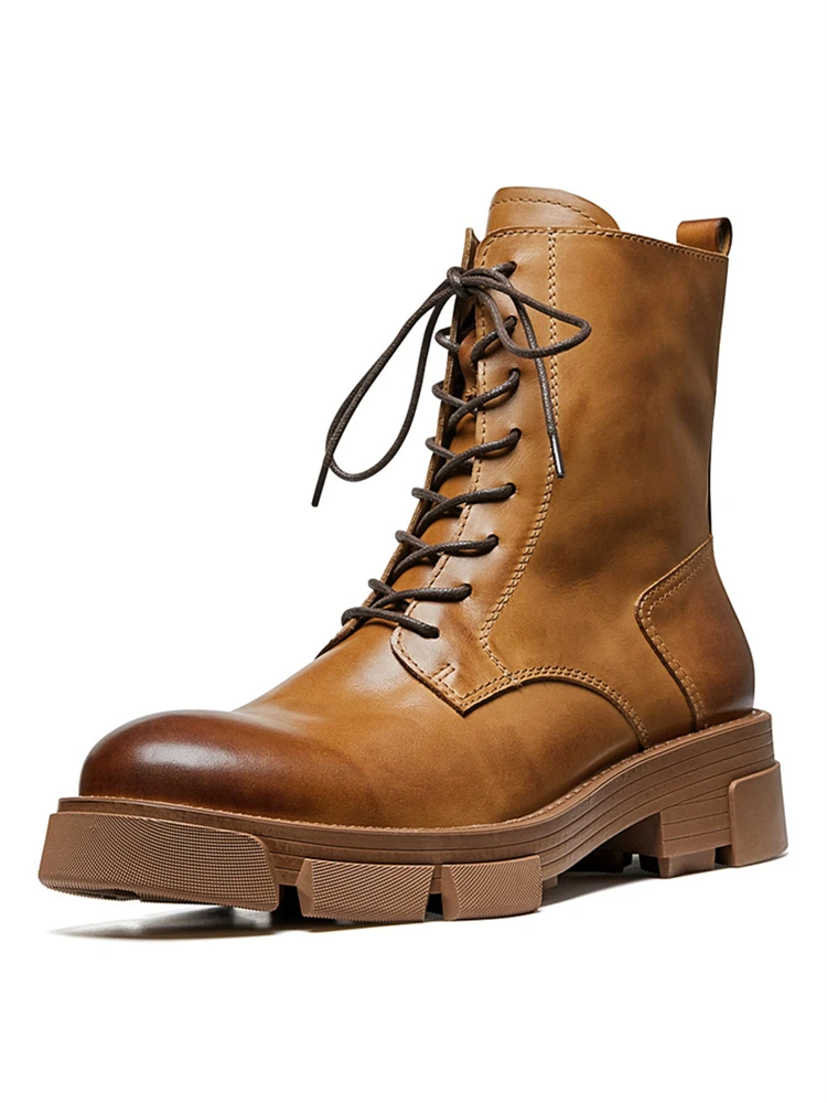 Vintage Men\'s Autumn Winter British Mid-calf Boots Top Layer Cowhide Thick Heel Riding Shoes