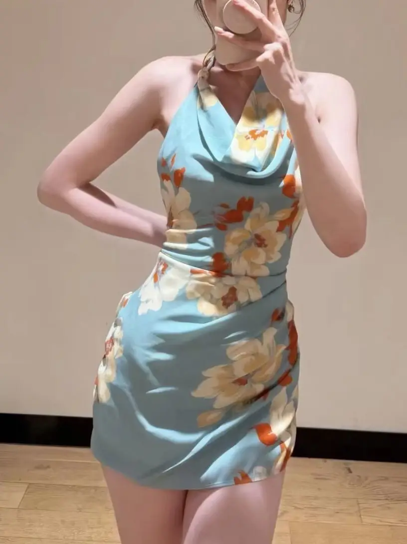 

Women Floral Print Blue Dress Swinging Collar Sleeveless Backless High Waist Sexy Mini Robe