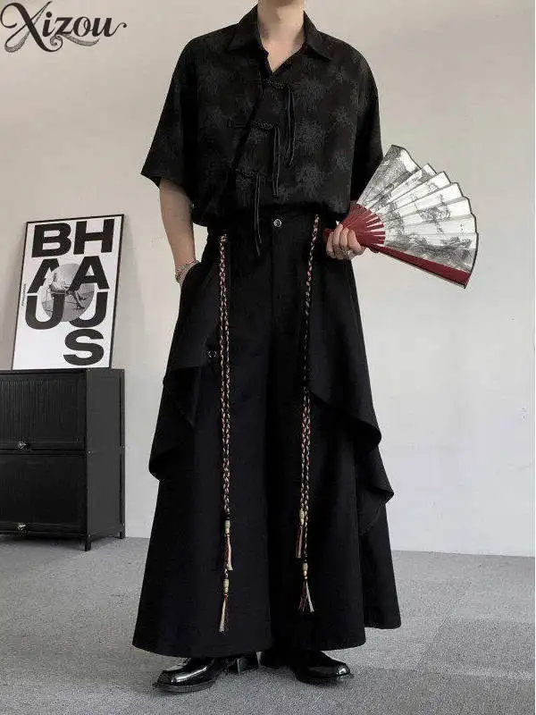 Spring Chinese 2-Piece Set Collar Short-Sleeve Shirt Layered Wide-Leg Skirt Pant Tassel Men Neutral Bottom Young Casual Loose