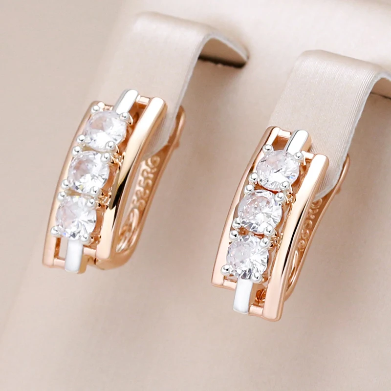 Kinel Luxury Three Big White Natural Zircon English Earrings For Women 585 Rose Gold Silver Color Mix Wedding Daily Fine Jewelry