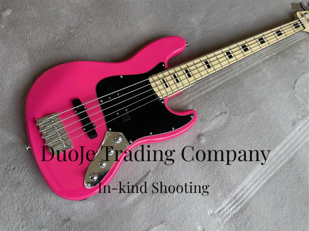 Pink Electric bass 5-string bass Maple neck Basswood body Black guard chrome-plated hardware active battery custom color