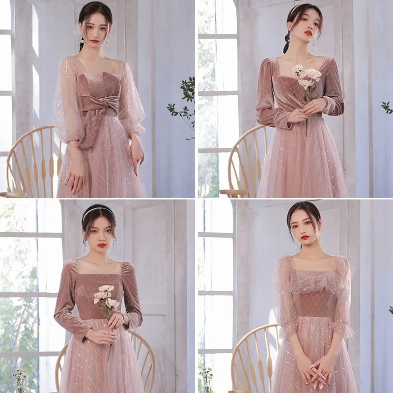 Pink Thickened Corduroy Lace Splicing Style Bridesmaid Dress New Autumn Winter Sisters Group Dress Long Sleeve Performance Dress