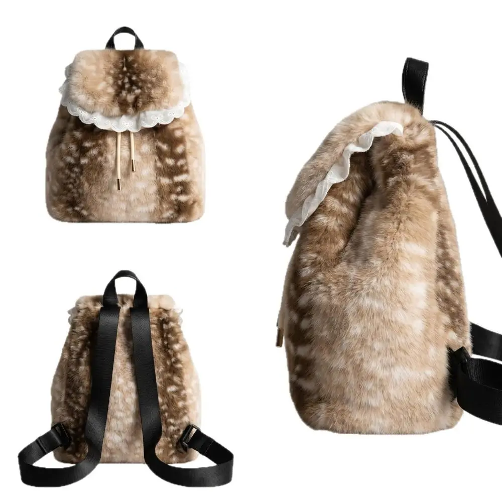 Women Handbag Leopard Print Fluffy Shoulder Bag Deer Spot Warm Backpack Large Capacity Solid Color Faux Fur Backpack Work