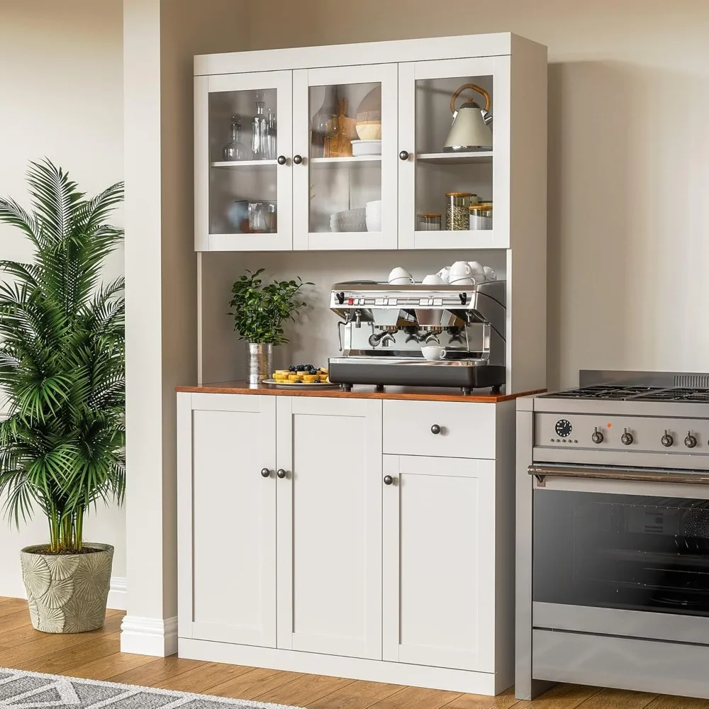 

Tall Kitchen Pantry Cabinet with Microwave Shelf, Modern Large Freestanding Sideboard Cupboard Kitchen Hutch Cabinet