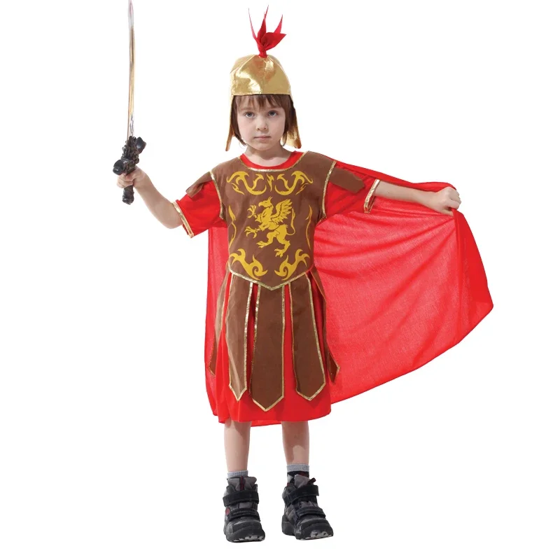 Kids Boys Royal Warrior Knight Costumes Soldier Children Medieval Roman Attached Cape Halloween Carnival Party No Weapon