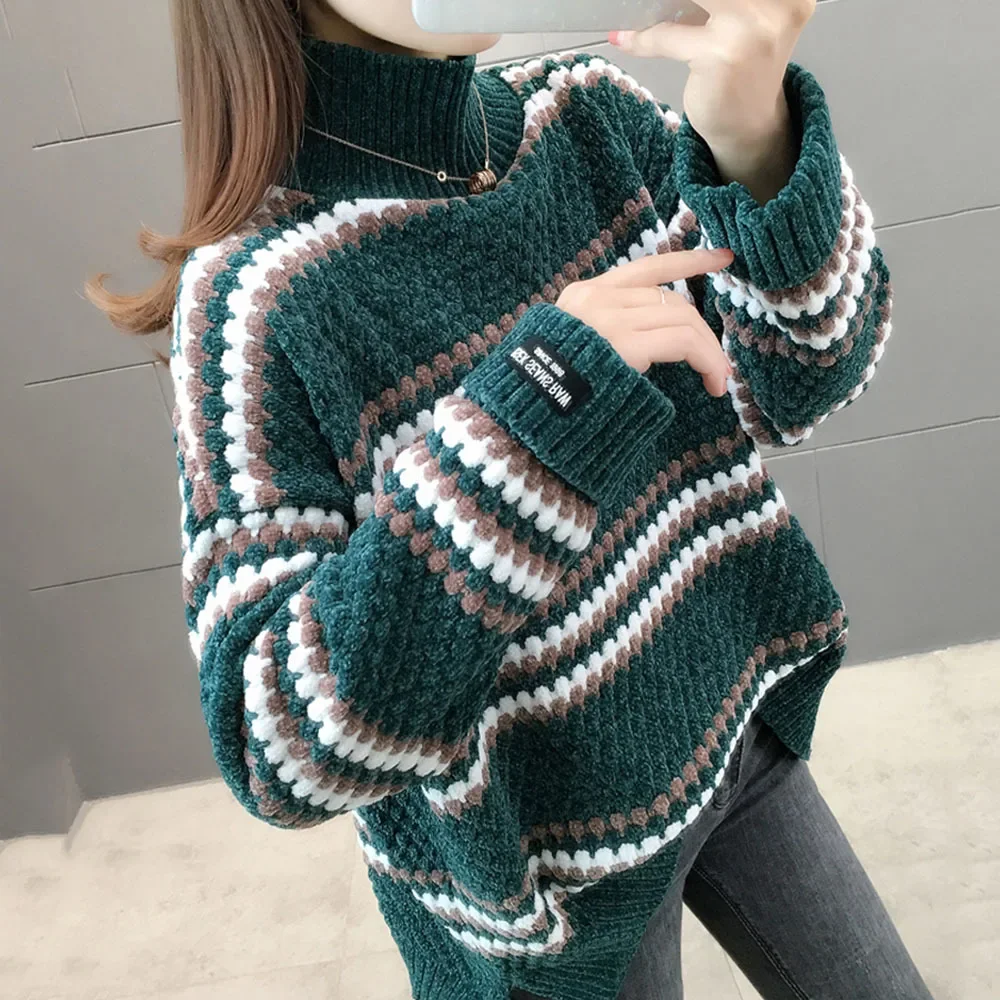 

Vintage warm Chenille Sweater Womens Full Sleeve Velvet Sweaters Winter Ladies Solid Turtleneck Loose Female Jumpers V1653