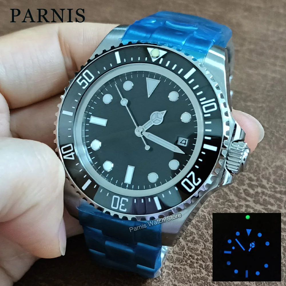 Parnis 43mm 自動巻きブラックダイヤルメンズウォッチ回転ベゼル夜光マーク
