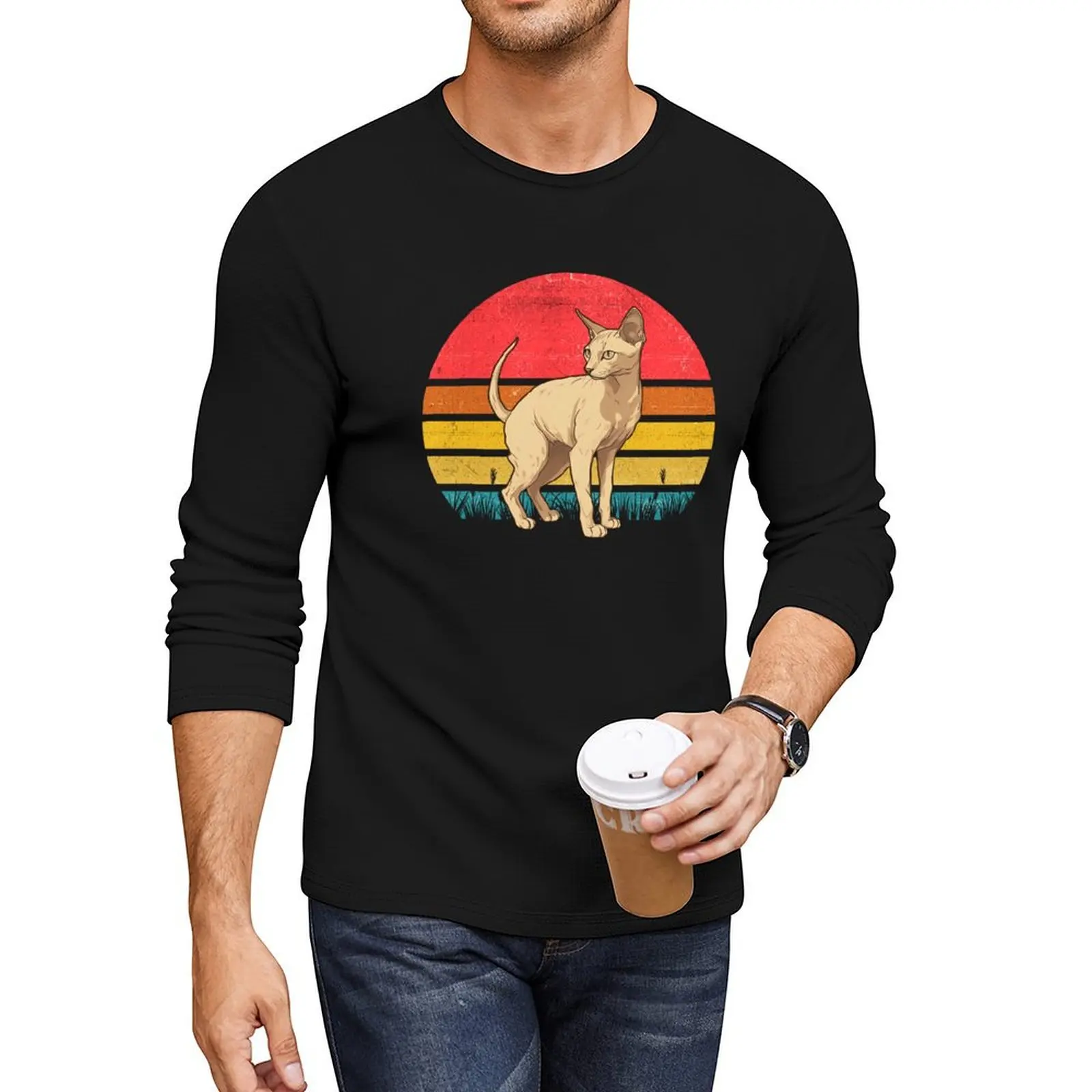 Oriental Shorthair Cat Vintage Retro Sunset Long T-Shirt quick-drying t-shirt anime man clothes sweat shirts t shirts men