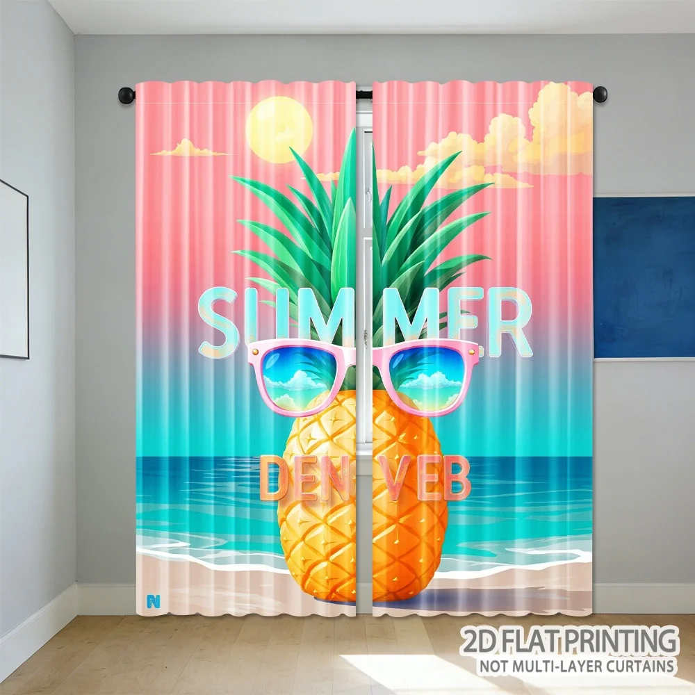 Funny Pineapple Sunglasses Summer Curtain, Tropical Beach Sunset Drape, Cartoon Fruit Pattern Window Treatment for Kids Room