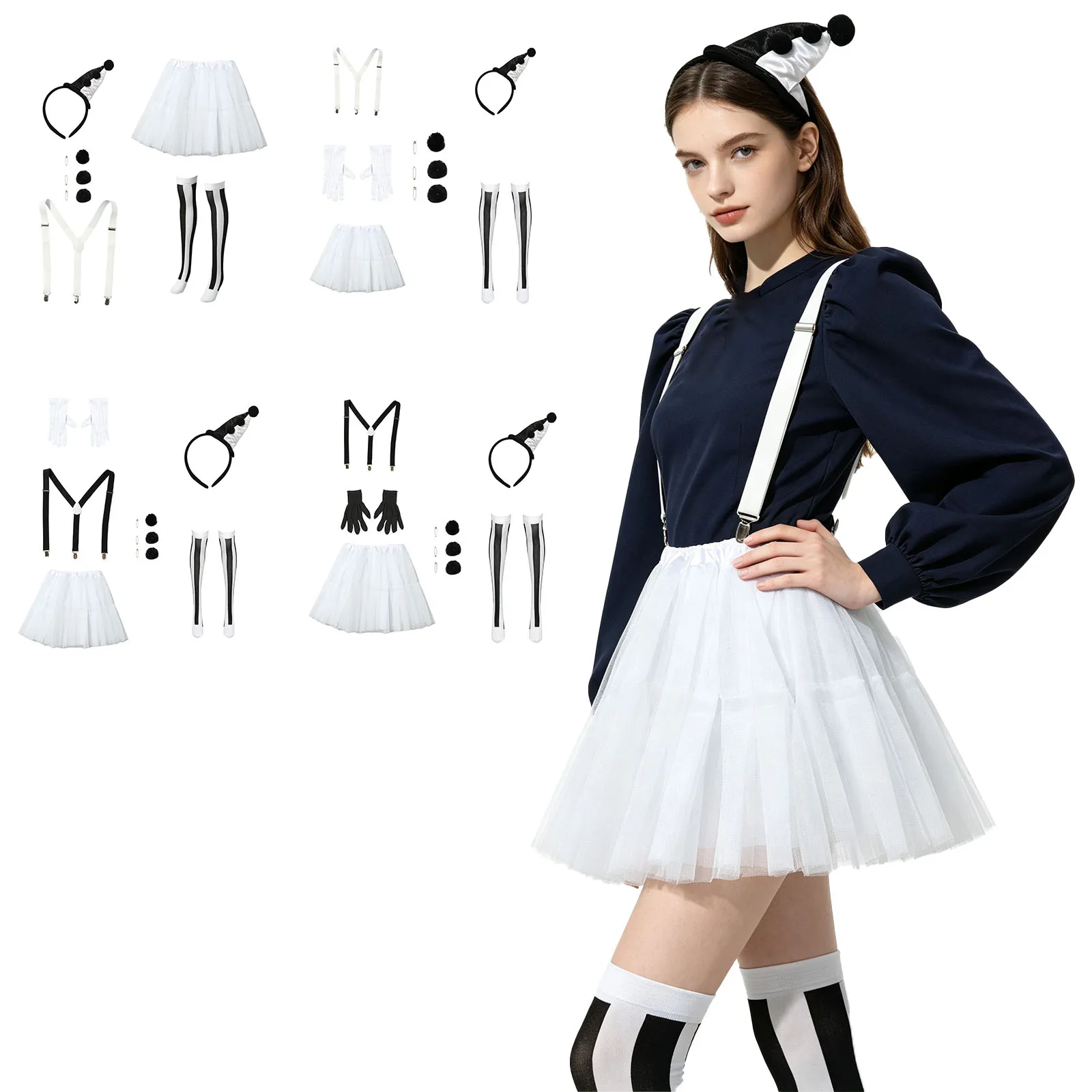 Halloween Women Clown Cosplay Sets Elastic Waistband Tulle Skirt with Suspenders Gloves Stockings Headband Pom-poms 2