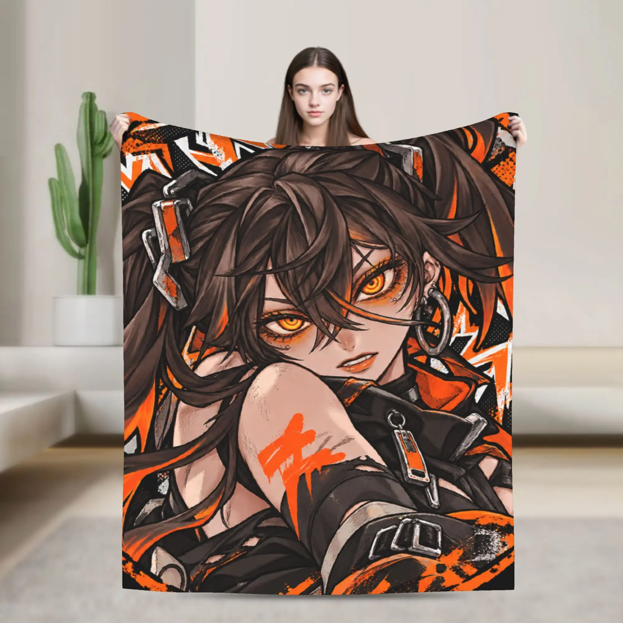 GACHIAKUTA Black Haired Man Orange Flames Anime Flannel Blanket Autumn  Soft Warm Bedding Throws Comfortable Bedspread Bed Cover