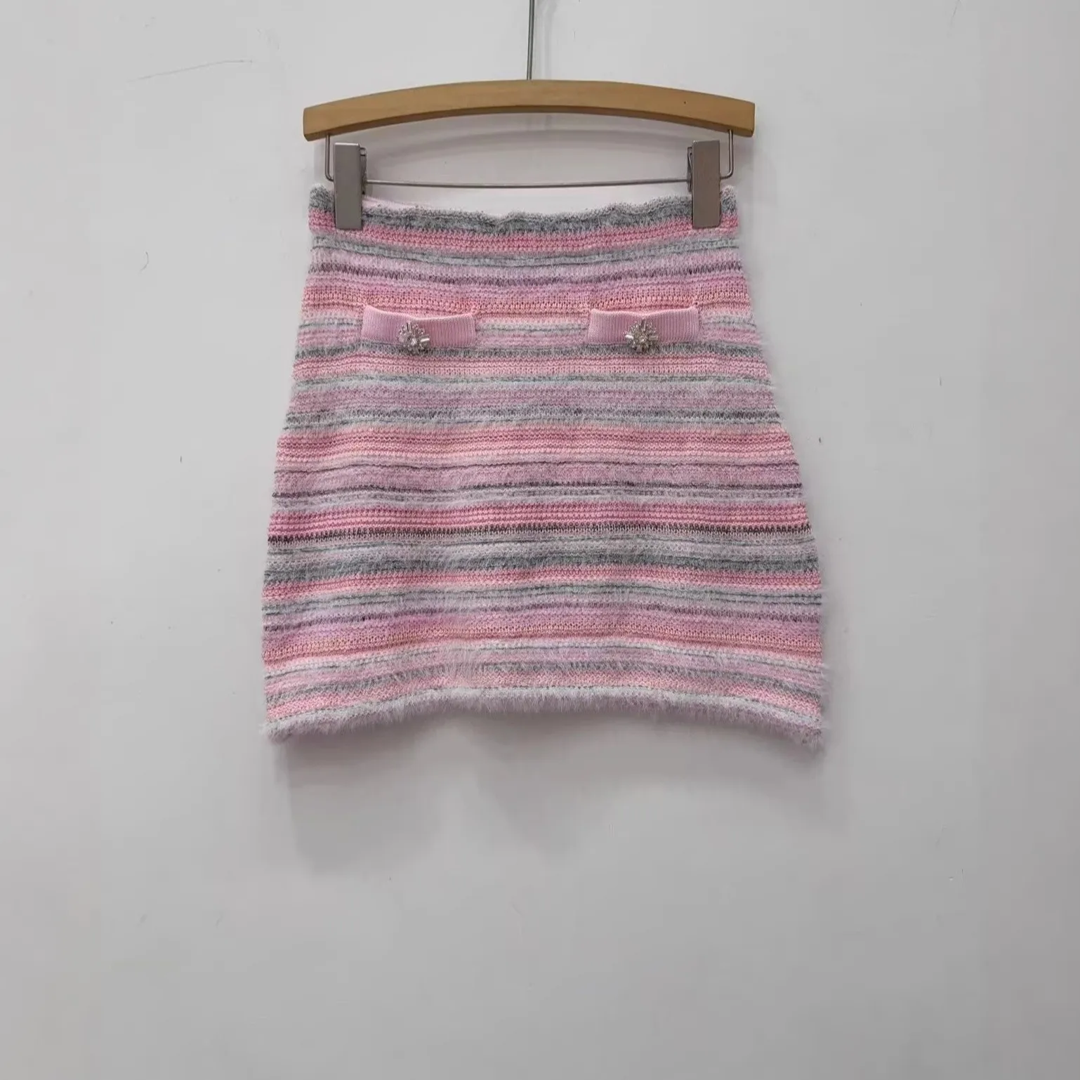 

Women Stripes Pink Knit O-neck Short Sweater Cardigan Rhinestone Decoration Top or A-line Mini Skirt 2026 Spring Summer