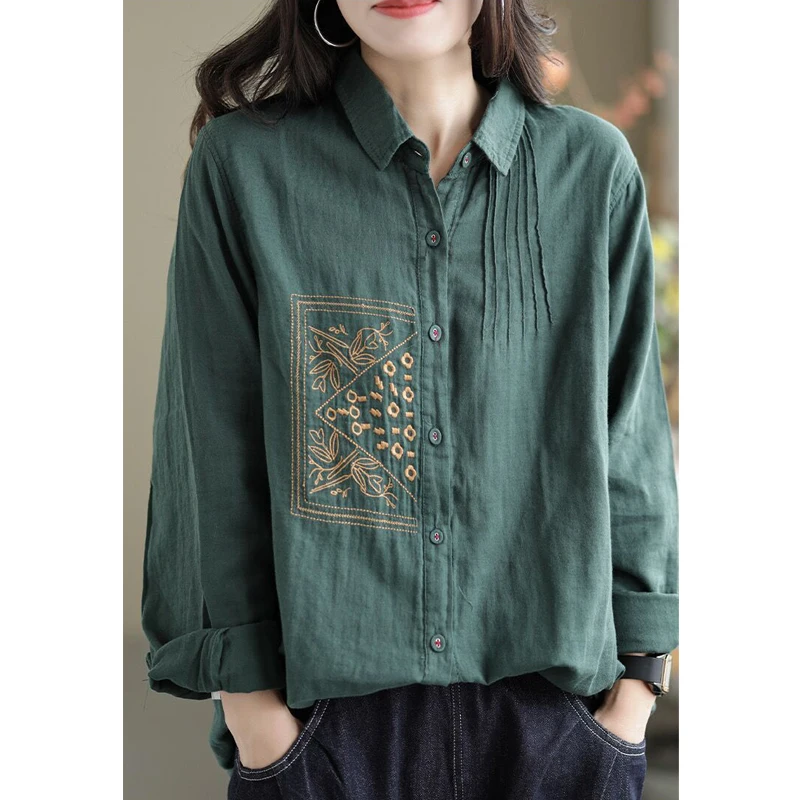 Spring Autumn Women Vintage Embroidery Button Up Shirt Minimalist Lapel Cotton Linen Blouse Casual Solid Long Sleeve Loose Tops