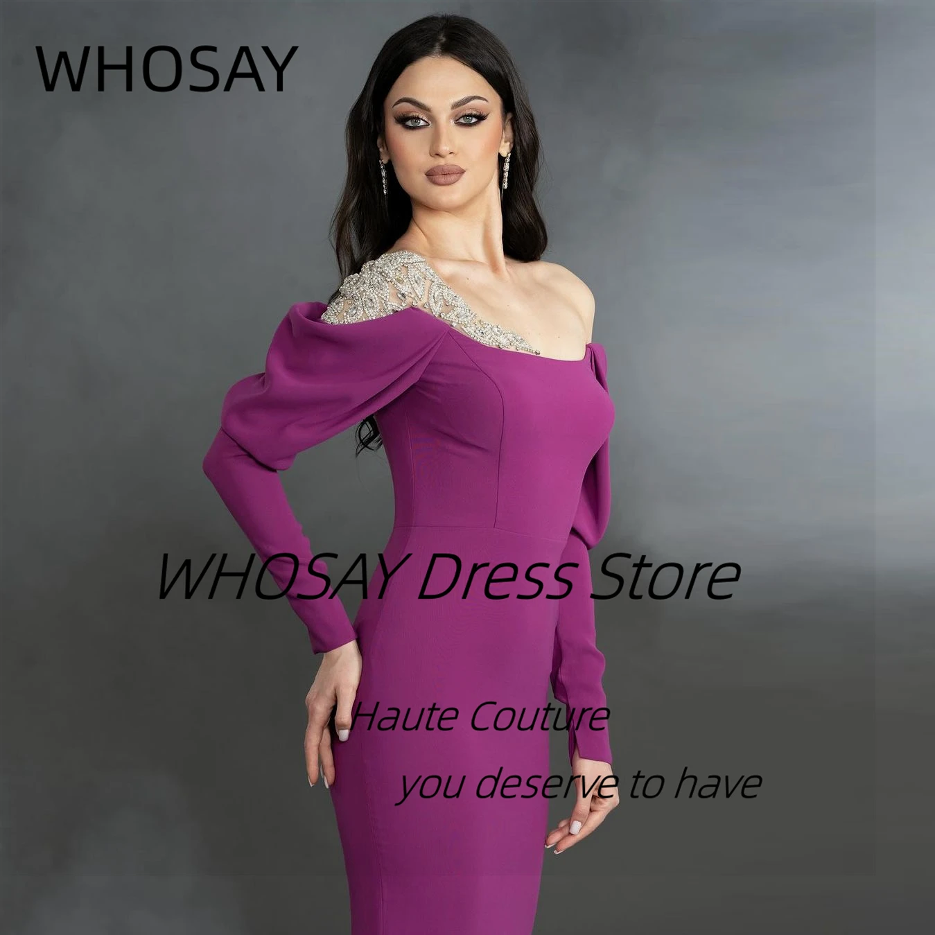 WHOSAY Formal Banquet Women Wear Beaded Off Shoulder Evening Dresses Long Sleeves Zipper Back Wedding Party Prom Gowns