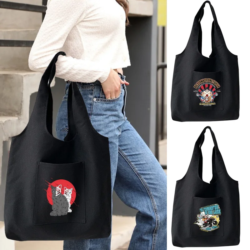 Women Canvas Shoulder Bags Reusable Large Capacity Shopping Bag Casual Harajuku Handbags Mask Pattern Shopper Tote Bag Organizer