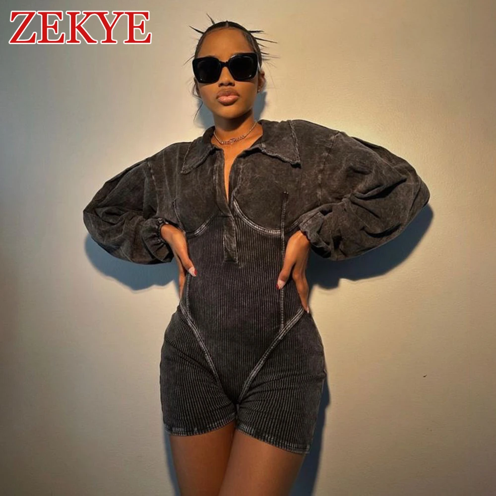 

Zekye Streetwear Patchwork Distressed Slim Playsuit Strenchy Turndown Collar Retro Hip-hop Long Sleeve Bodysuit Women Black 2024