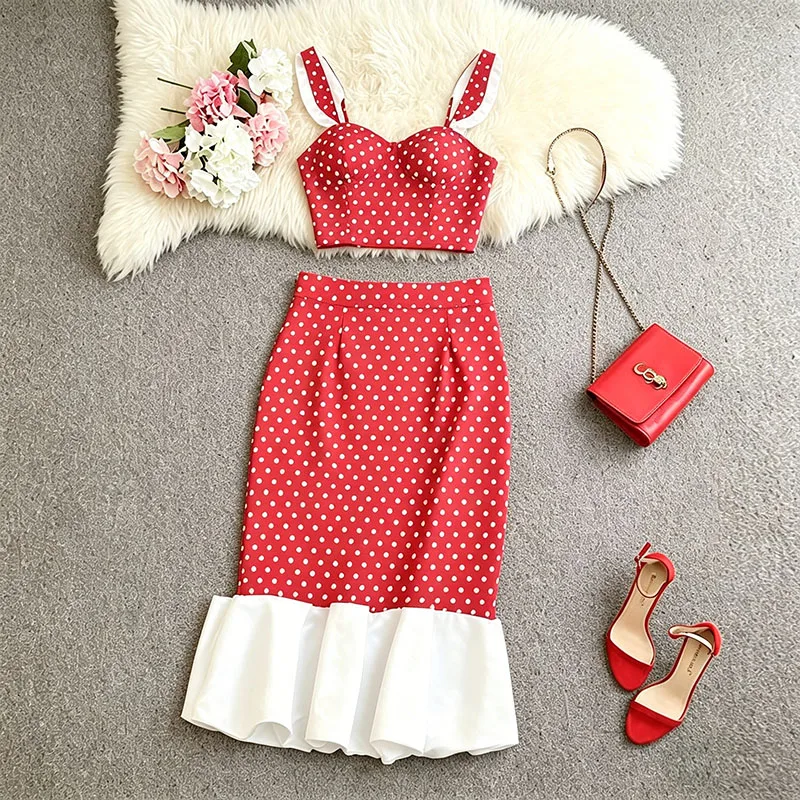 

ALPHALMODA 2026 New, Polka Dot Crop Top + Skirt Suits, Frill Sleeve Top, Ruffled Hem Pencil Skirt, Women Trendy Clothes Set